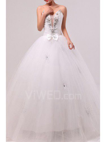 Organza v-hals gulvet længde bolden kjole brudekjole med krystal