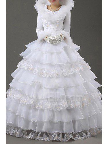 Satén joya piso-longitud del vestido de bola vestido de novia con flores hechas a mano