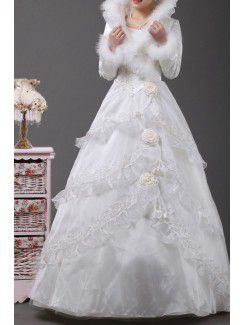 Jóia de cetim chão comprimento bola vestido de casamento vestido com flores feitas à mão