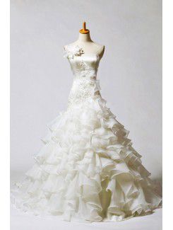 Satin Strapless Chapel Train Ball Gown Wedding Dress with Handmade Flowers
