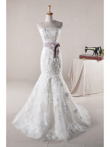 Lace Strapless Sweep Train Mermaid Wedding Dress with Embroidered