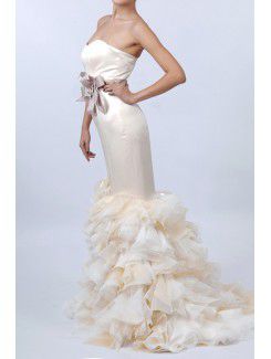 Satin Strapless Sweep Train Sheath Wedding Dress with Crystal