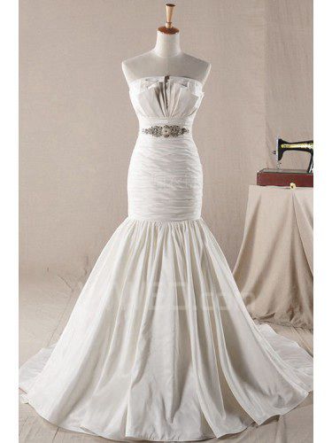 Satin Strapless Sweep Train Mermaid Wedding Dress with Crystal