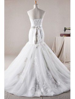 Lace Strapless Sweep Train Mermaid Wedding Dress with Crystal