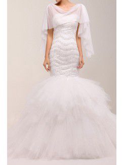 Net Scoop Sweep Train Mermaid Wedding Dress with Pearls