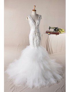 Lace V-neck Sweep Train Mermaid Wedding Dress with Handmade Flowers