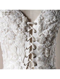 Lace V-neck Sweep Train Mermaid Wedding Dress with Handmade Flowers