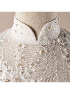 Lace High Collar Chapel Train Mermaid Wedding Dress with Pearls