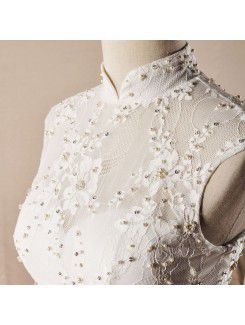 Lace High Collar Chapel Train Mermaid Wedding Dress with Pearls