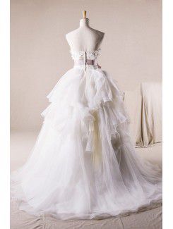 Organza Strapless Sweep Train Ball Gown Wedding Dress with Handmade Flowers
