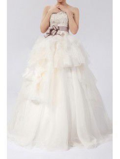 Organza Strapless Sweep Train Ball Gown Wedding Dress with Handmade Flowers
