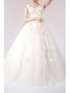 Net stropper gulv lengde ball kjole brudekjole med håndlagde blomster