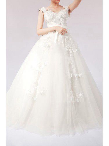 Net stropper gulv lengde ball kjole brudekjole med håndlagde blomster