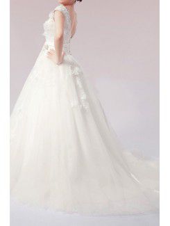 Net Straps Floor Length Ball Gown Wedding Dress with Handmade Flowers