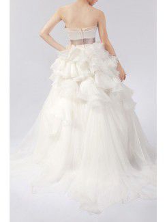 Organza Strapless Chapel Train Ball Gown Wedding Dress with Handmade Flowers