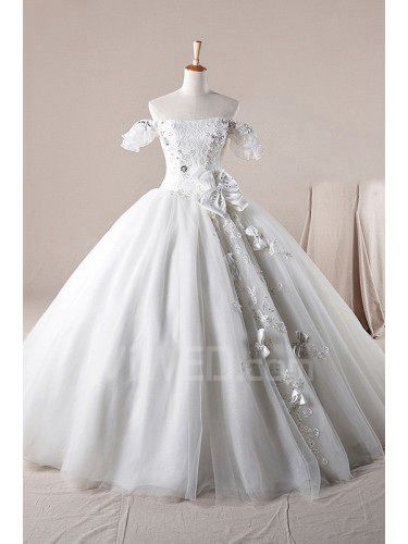 Net Off-the-Shoulder Floor Length Ball Gown Wedding Dress with Crystal