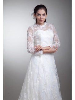 Satin and Lace Jewel Sweep Train A-line Three-quarter Sleeves Wedding Dress