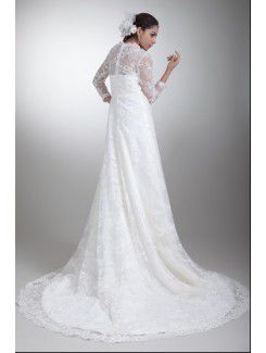 Satin and Lace Jewel Sweep Train A-line Three-quarter Sleeves Wedding Dress