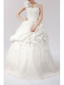 Organza bretelles balayage train balle robe de mariée en robe à fleurs à la main