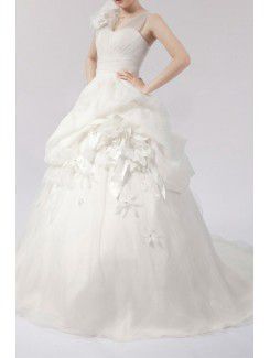 Organza Straps Sweep Train Ball Gown Wedding Dress with Handmade Flowers