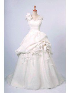 Organza Straps Sweep Train Ball Gown Wedding Dress with Handmade Flowers
