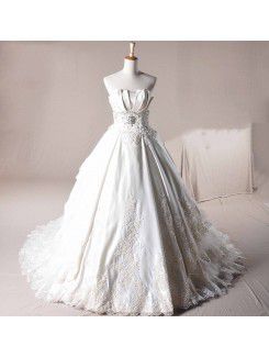 Satin Strapless Chapel Train Ball Gown Wedding Dress with Crystal