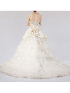 Satin Strapless Chapel Train Ball Gown Wedding Dress with Crystal