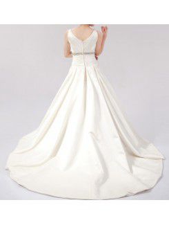 Satin V-neck Chapel Train Ball Gown Wedding Dress with Crystal