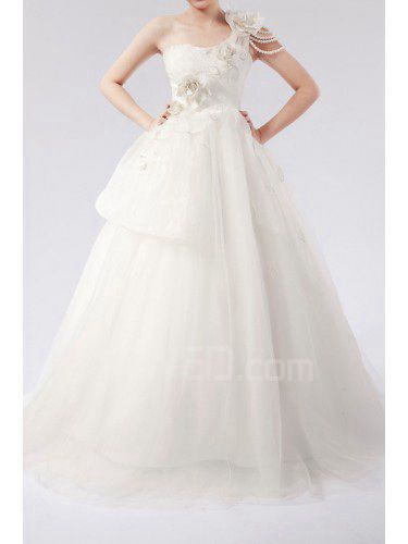 Net une épaule étage longueur robe de bal de mariage robe avec des fleurs à la main