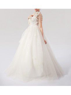 Net One Shoulder Floor Length Ball Gown Wedding Dress with Handmade Flowers