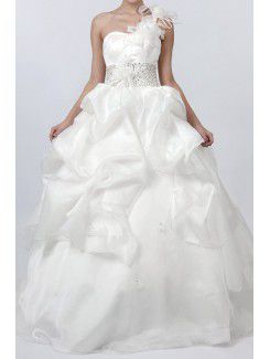 Satin One Shoulder Sweep Train Ball Gown Wedding Dress with Crystal