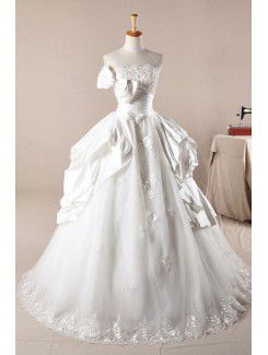 Satin Strapless Sweep Train Ball Gown Wedding Dress with Pearls