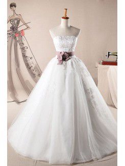 Spets axelbandslös golv längd balklänning klänning bröllop med handgjorda blommor