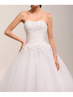 Net Strapless Chapel Train Ball Gown Wedding Dress with Pearls