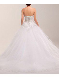 Net Strapless Chapel Train Ball Gown Wedding Dress with Pearls