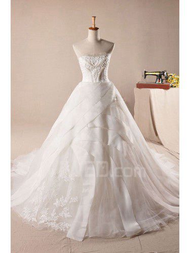 Organza Scoop Sweep Train Ball Gown Wedding Dress with Pearls
