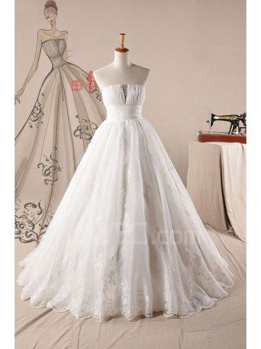 Organza Strapless Sweep Train Ball Gown Wedding Dress with Crystal
