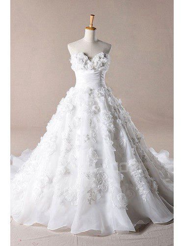 Organza Sweetheart Cathedral Train Ball Gown Wedding Dress with Handmade Flowers