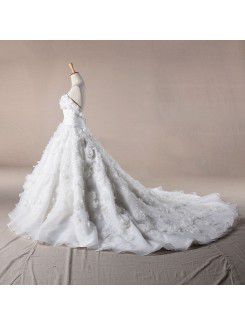 Organza Sweetheart Cathedral Train Ball Gown Wedding Dress with Handmade Flowers