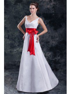 Satin V-Neck Floor Length A-line Sash Wedding Dress