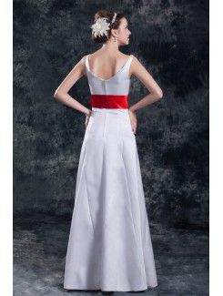 Satin V-Neck Floor Length A-line Sash Wedding Dress