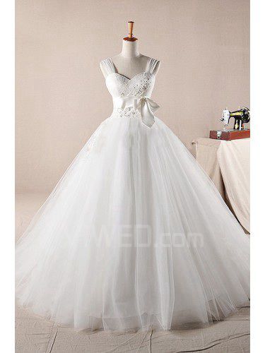 Net Straps Sweep Train Ball Gown Wedding Dress with Pearls