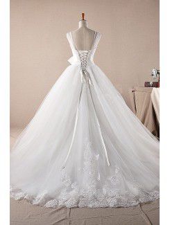 Net Straps Sweep Train Ball Gown Wedding Dress with Pearls