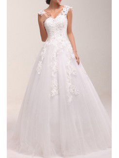 Lace V-neck Sweep Train Ball Gown Wedding Dress with Pearls