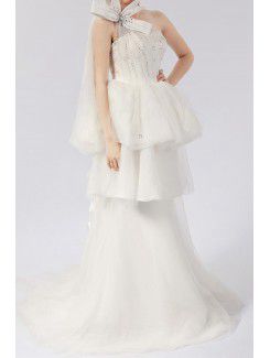 Organza One Shoulder Sweep Train Ball Gown Wedding Dress with Crystal
