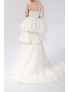 Organza One Shoulder Sweep Train Ball Gown Wedding Dress with Crystal