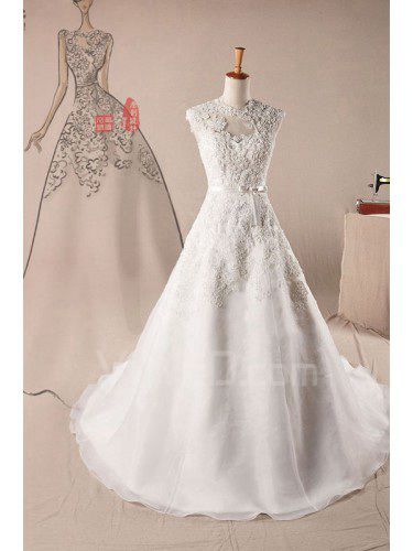 Organza Jewel Sweep Train A-line Wedding Dress with Sequins
