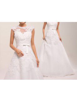 Organza Jewel Sweep Train A-line Wedding Dress with Sequins