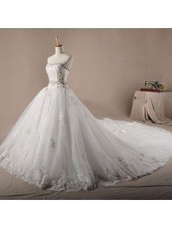 Net Scoop Cathedral Train Ball Gown Wedding Dress with Crystal