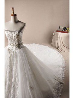 Net Scoop Cathedral Train Ball Gown Wedding Dress with Crystal